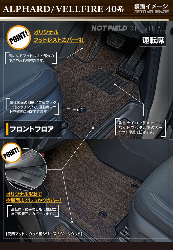 トヨタ 新型 アルファード ヴェルファイア 40系 フロアマット＋ステップマット＋トランクマット ラゲッジマット ◆ウッド調カーペット 木目 HOTFIELD