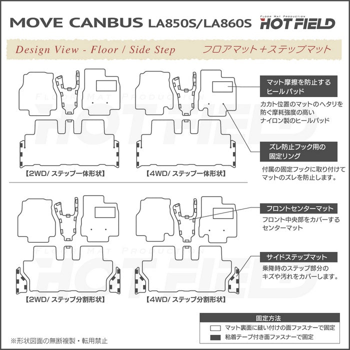 ダイハツ 新型 ムーヴキャンバス ムーブキャンバス LA850S LA860S フロアマット+ステップマット+トランクマット ラゲッジマット ◆カーボンファイバー調 リアルラバー HOTFIELD