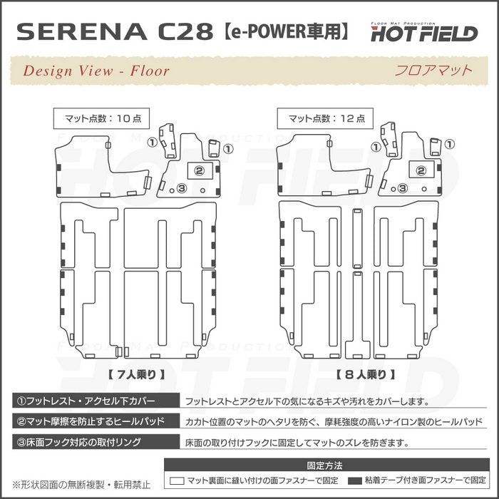 日産 新型 セレナ C28系 e-POWER フロアマット＋ステップマット＋トランクマット ラゲッジマット ◆カーボンファイバー調 リアルラバー HOTFIELD