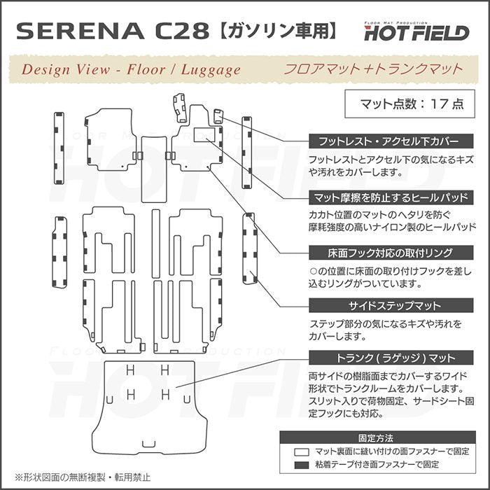 日産 新型 セレナ C28系 (ガソリン車) フロアマット＋ステップマット＋トランクマット ラゲッジマット ◆ウッド調カーペット 木目 HOTFIELD