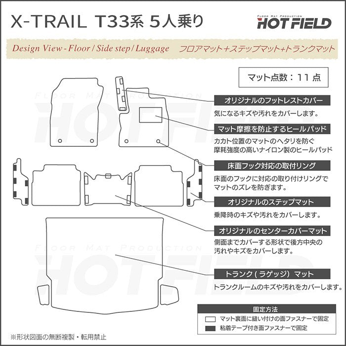 日産 新型 エクストレイル T33系 5人乗用 e-power フロアマット+ステップマット+トランクマット ラゲッジマット  ◆ウッド調カーペット 木目 HOTFIELD